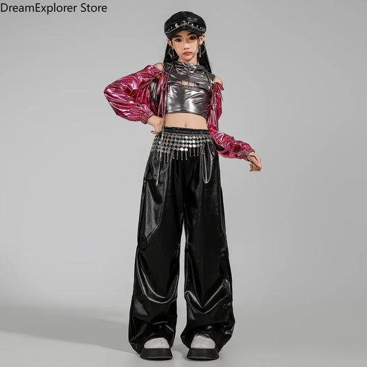 Girls K-pop Fashion Shiny Crop Top Hoodies Street Dance Pants Child Hip Hop Jazz Streetwear Clothes Sets Kids Girl Group Costume