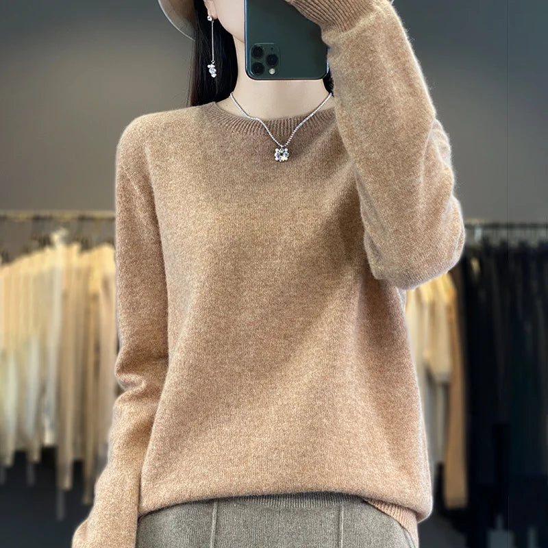 100% Pure Wool Cashmere Sweater Women's O-Neck Pullover Knitted Casual Sweater Winter New Long-Sleeved Warm High-Grade Jumper