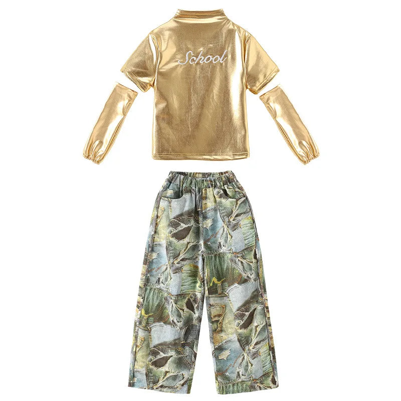 Girls Hip Hop Shiny Golden Crop Top Patchwork Jeans Pants Kids Streetwear Child Jazz Girl Group Costumes K-pop Retro Clothes Set