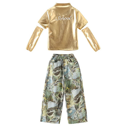 Girls Hip Hop Shiny Golden Crop Top Patchwork Jeans Pants Kids Streetwear Child Jazz Girl Group Costumes K-pop Retro Clothes Set