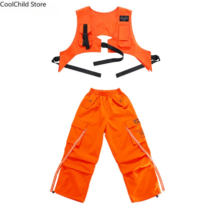 Hip Hop Children Cool Numbers Sweatshirt Vest Street Dance Cargo Pants Girls K-pop Jazz Costume Boys Clothes Set Kids Streetwear