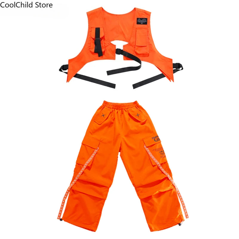 Boys Hip Hop Cool Sweatshirt Vest Street Dance Cargo Pants Girls K-pop Jazz Costumes Children Teens Clothes Sets Kids Streetwear