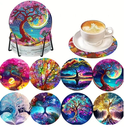 8pcs/Set DIY Diamond Painting Coasters with Holder Anti Slip Wood Drip Mats Crystal Rhinestones Diamond Art Coasters for Adults