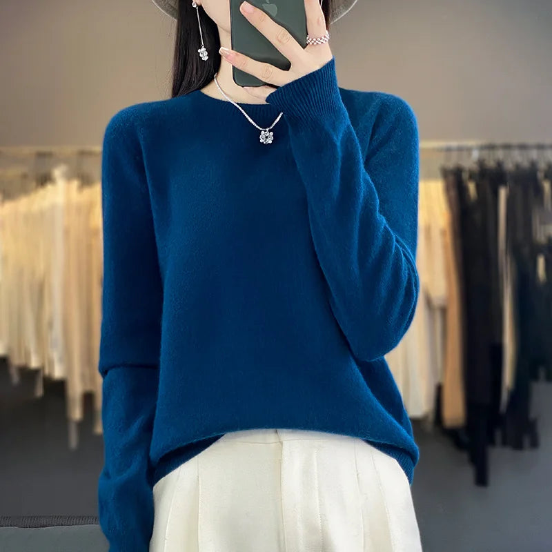 100% Pure Wool Cashmere Sweater Women's O-Neck Pullover Knitted Casual Sweater Winter New Long-Sleeved Warm High-Grade Jumper