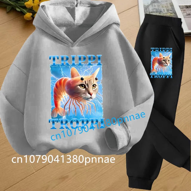 Tralalero Tralala Tung Tung Tung Funny Italian Brainrot Kids Clothes Boys Hoodie+Pants 2pcs Set Girls Tracksuit Children Outfits