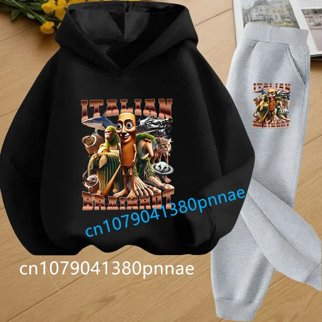 Tralalero Tralala Tung Tung Tung Funny Italian Brainrot Kids Clothes Boys Hoodie+Pants 2pcs Set Girls Tracksuit Children Outfits