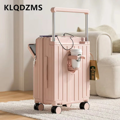 KLQDZMS Cabin Suitcase Front Laptop Boarding Case USB Charging Trolley Case 20"22"24"26 Inch Multifunctional Women's Luggage