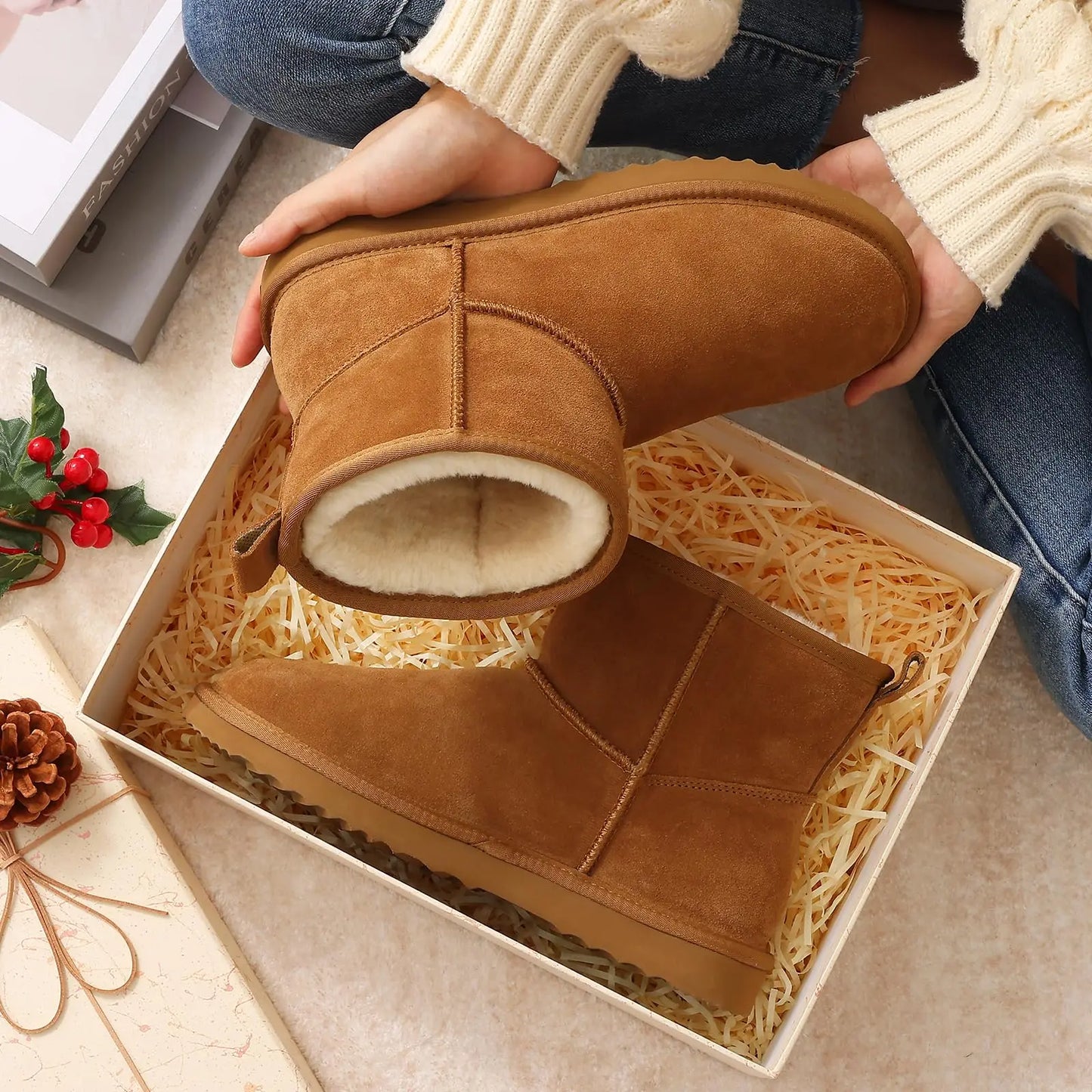 Evshine Winter Mini Snow Boots For Women Plush Lined Warm Suede Snow Boots Comfy Fuzzy Boots Fur Home Ankle Boots Lady Snow Boot