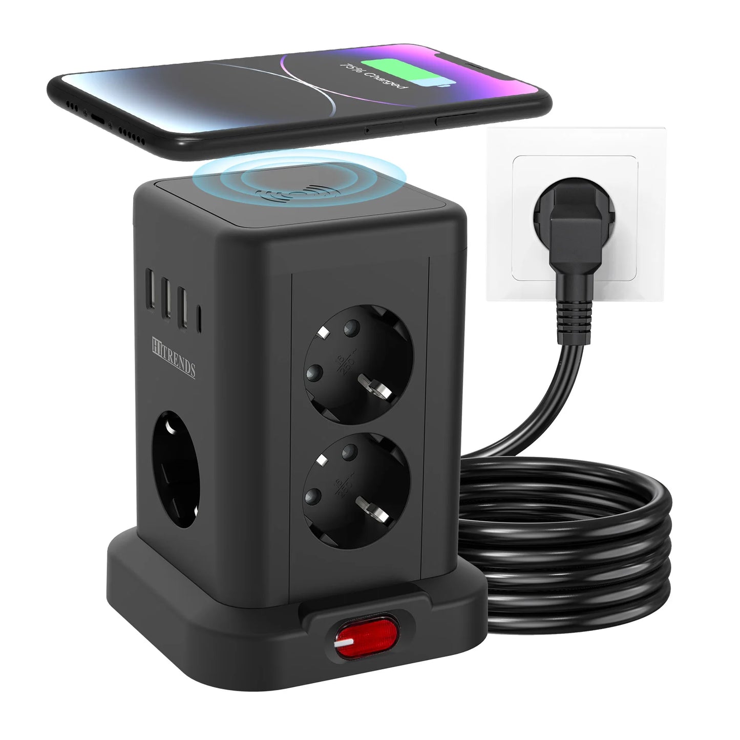 Placa de alimentação inteligente 15 em 1 com ficha padrão UE de 3680 W, tomada 7/11 CA, 3 portas de carregamento USB-A e 1 USB-C, cabo de extensão de 2 metros
