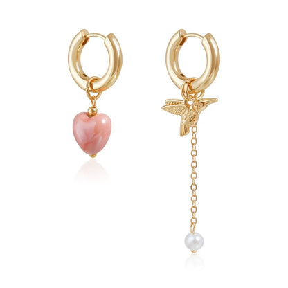 Retro Trendy Geometric Stereo Pink Heart-shaped Bird Pearl Tassel Asymmetrical Dangle Earrings for Women Jewelry Accessory Gifts