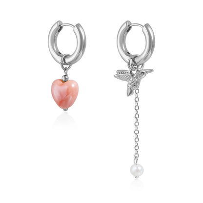 Retro Trendy Geometric Stereo Pink Heart-shaped Bird Pearl Tassel Asymmetrical Dangle Earrings for Women Jewelry Accessory Gifts