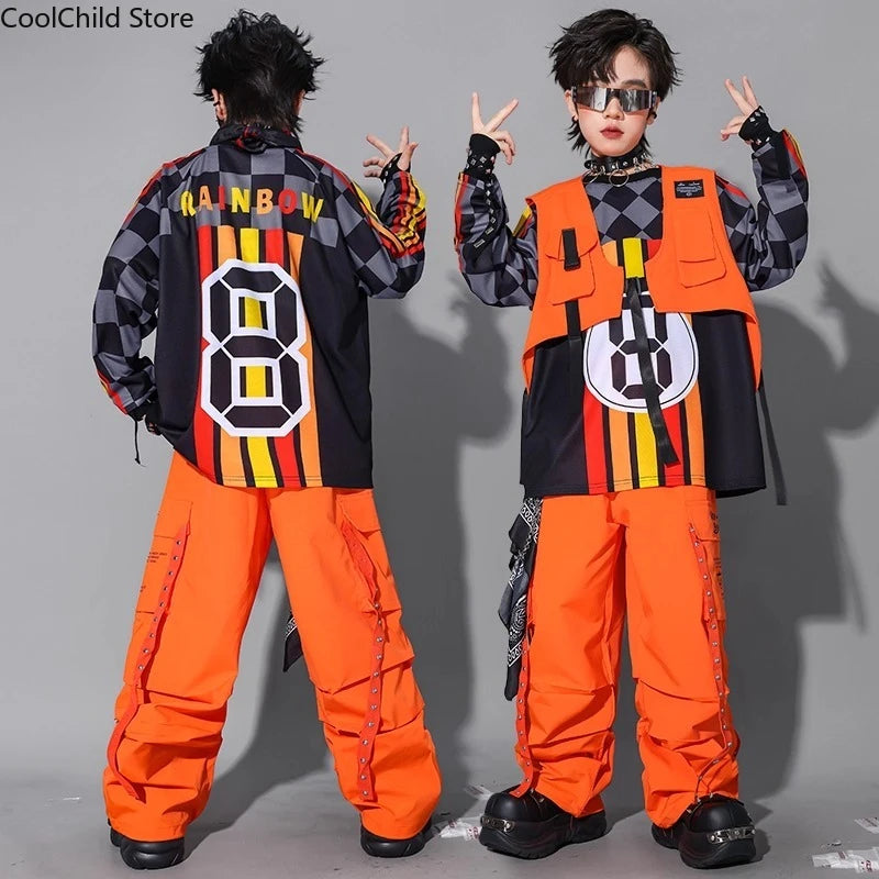 Hip Hop Children Cool Numbers Sweatshirt Vest Street Dance Cargo Pants Girls K-pop Jazz Costume Boys Clothes Set Kids Streetwear