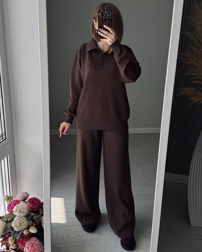 Hirsionsan Winter Thick Women Knitted Suits Soft 2 Pieces soft Female Sets Polo Neck Sweater & Wide Leg Pants Knitted Outfit