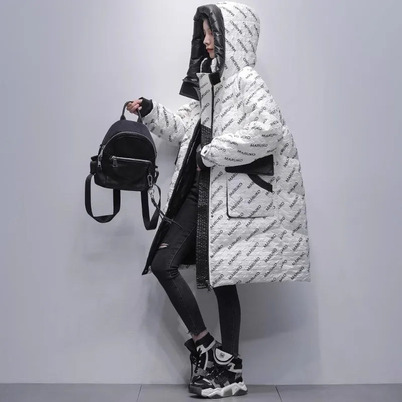 Black Letter Print Down Jacket Women's Mid length Winter 2025 New White Duck down Hooded Thick Coat Female Warm Parka Overcoat