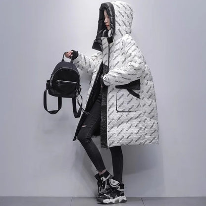 Black Letter Print Down Jacket Women's Mid length Winter 2025 New White Duck down Hooded Thick Coat Female Warm Parka Overcoat