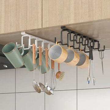 Double-row Hooks Punch-free Kitchen Cupboard Under Shelf Mug Cup Hanger Hook Iron Hanging Rack Holder Kitchen Cabinet Organizer