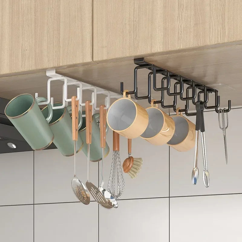 Double-row Hooks Punch-free Kitchen Cupboard Under Shelf Mug Cup Hanger Hook Iron Hanging Rack Holder Kitchen Cabinet Organizer