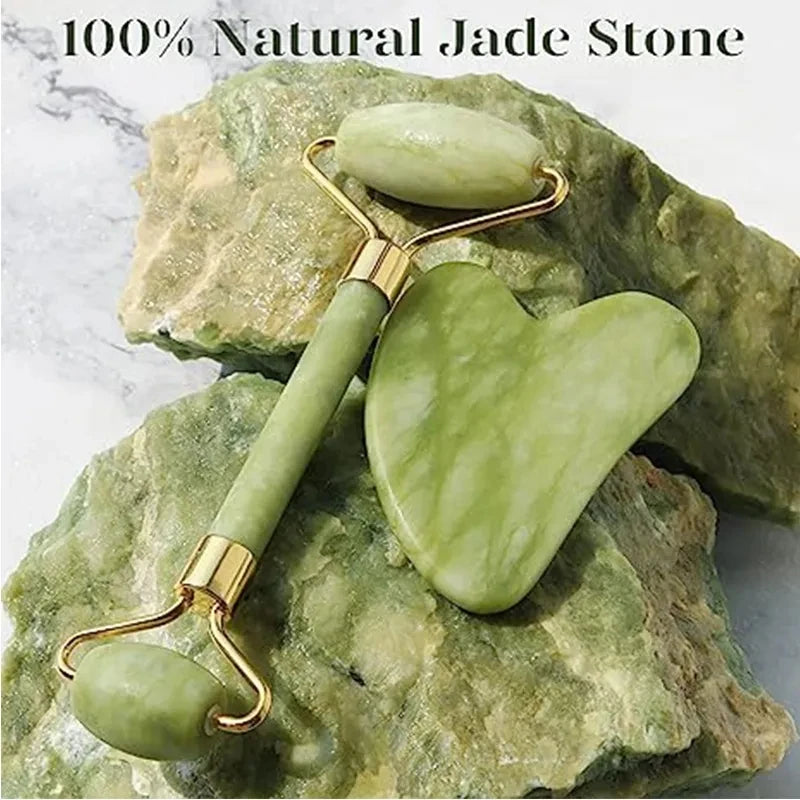 Natural Jade Roller Gua Sha Set – Facial & Body Massage Anti-Aging Lifting Spa Tools