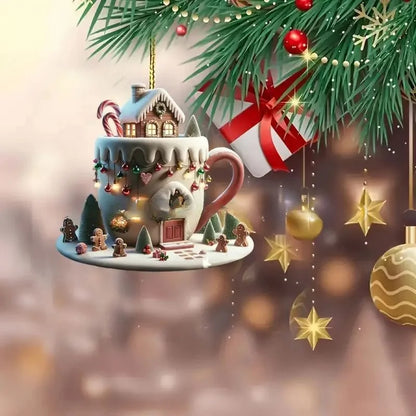 2d Christmas Coffee Cup Ornaments Coffee Mug Decorative Tree Ornaments 8cm/3.14inch Christmas Tree Pendant Decoration