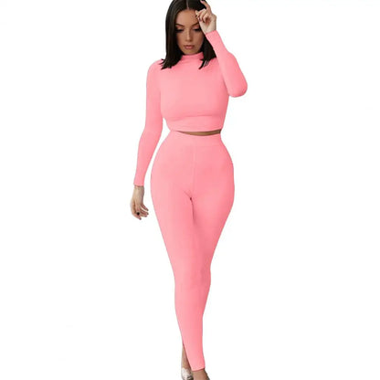 Casual Workout Two Piece Outfits for Women Long Sleeve Crop Top High Waisted Legging Pants Set Slim Jogger Track Suits