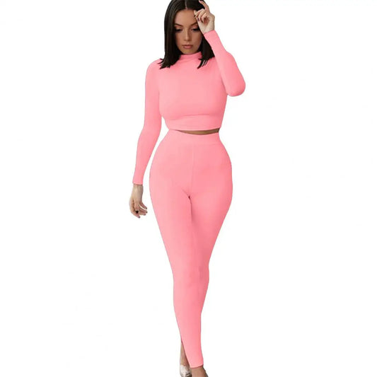 Casual Workout Two Piece Outfits for Women Long Sleeve Crop Top High Waisted Legging Pants Set Slim Jogger Track Suits