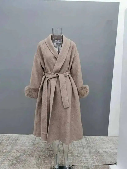 UCXQ Elegant OL Office Lady Overcoats Fur Patchwork Long Sleeve Woolen Coat Beautiful Women's Clothing Jacket Autumn 2025 Winter