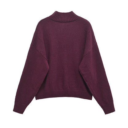 YENKYE Women Burgundy Basic Knit Soft Sweater Vintage Oversize Turtleneck Long Sleeve Autumn Winter Casual Pullover