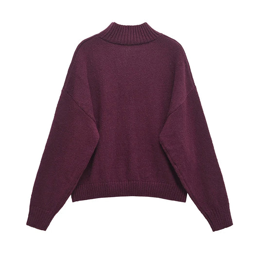 YENKYE Women Burgundy Basic Knit Soft Sweater Vintage Oversize Turtleneck Long Sleeve Autumn Winter Casual Pullover