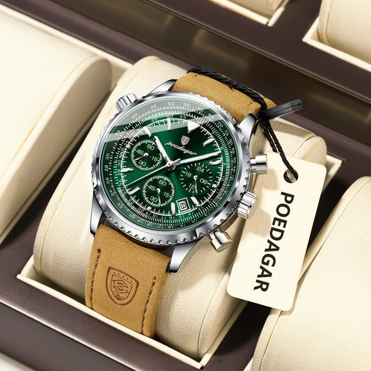 POEDAGAR Men's Luxury Business Watch Waterproof Luminous Leather Quartz