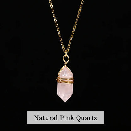 Change Better Natural Pink Quartz Amethyst Hexagon Column Pendant Necklace Women Men Handmade Stainless Steel Chain Choker Gift