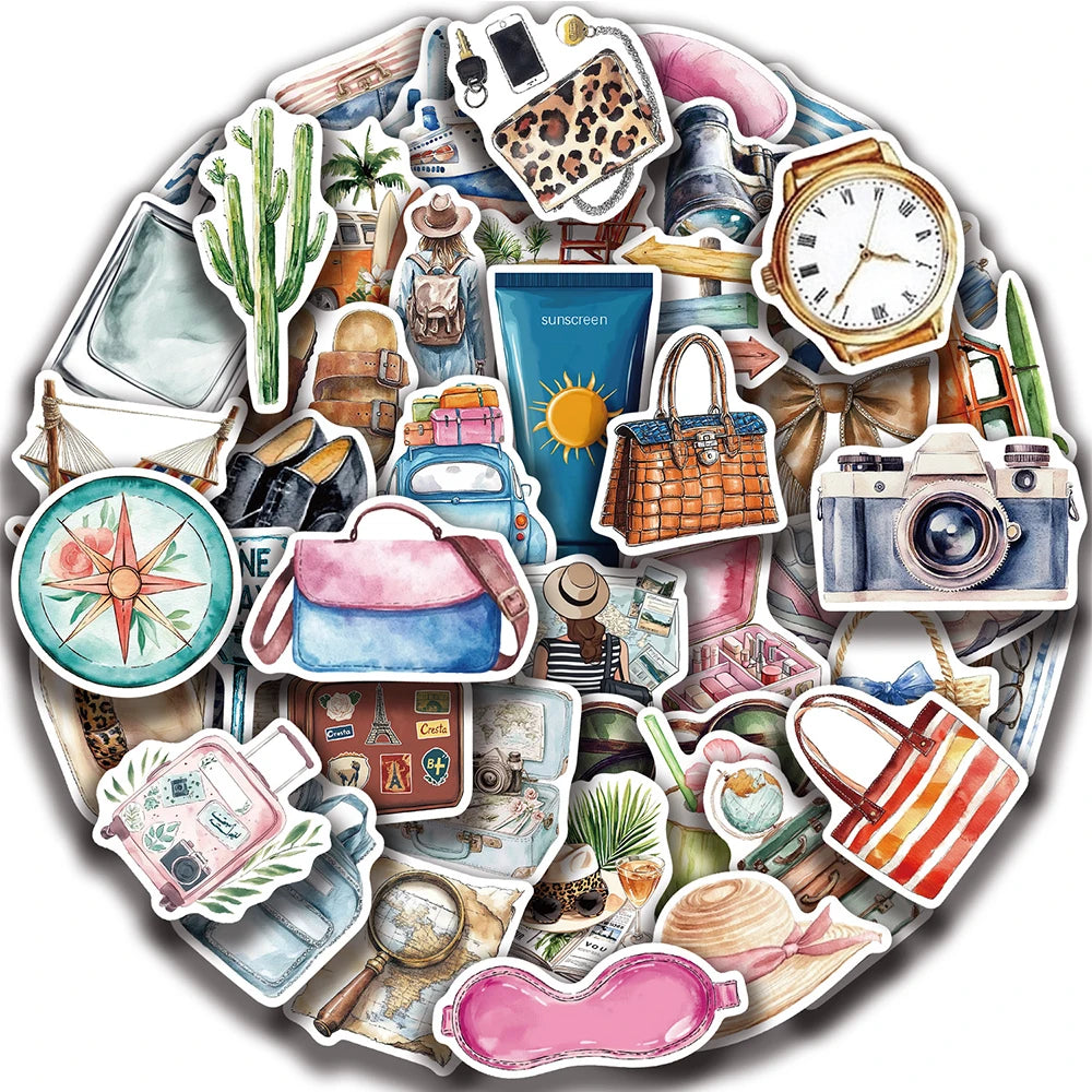 10/30/50/100pcs Retro Art Watercolor Travel Graffiti Stickers Aesthetic Decals Laptop Phone Diary Scrapbook Decoration Sticker