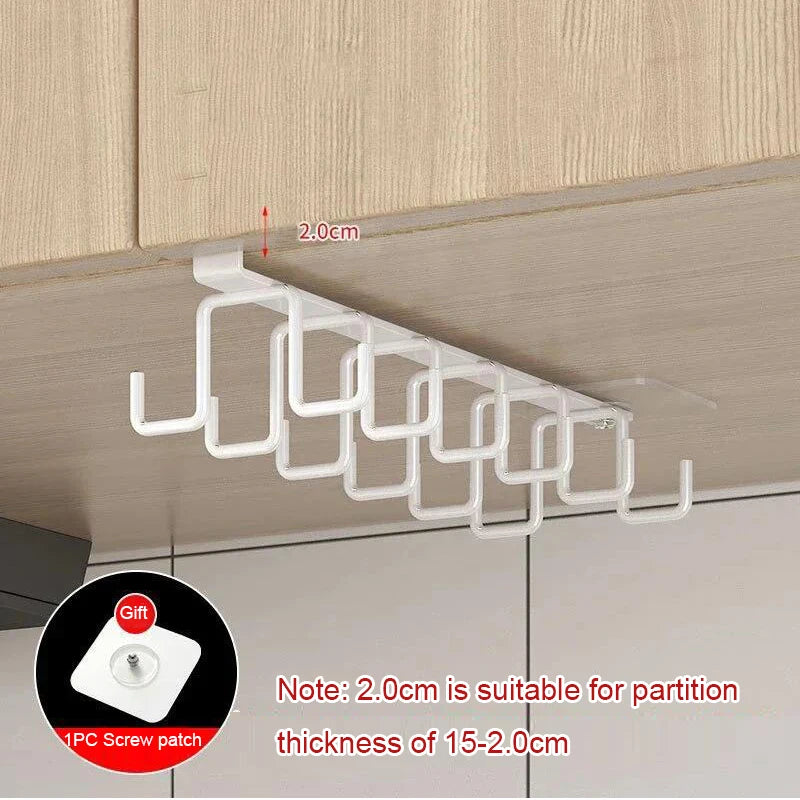 Double-row Hooks Punch-free Kitchen Cupboard Under Shelf Mug Cup Hanger Hook Iron Hanging Rack Holder Kitchen Cabinet Organizer