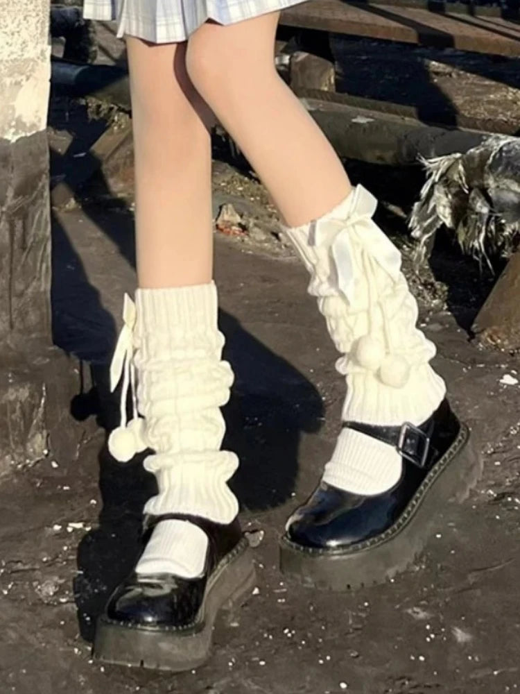 Preppy Style Knitted Leg Warmers Winter Japanese Style Warm Lolita JK Bowknot Socks Slimming Fashion Leg Covers