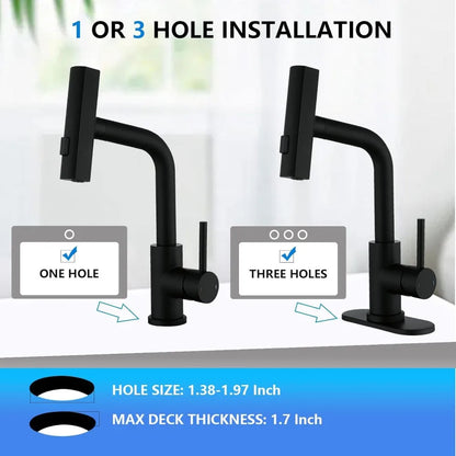 Modern Single Handle Pull Down Sprayer Bathroom Faucet with 3 Modes and Pop-Up Drain, Deck-Mounted Sink Mixer for Contemporary S