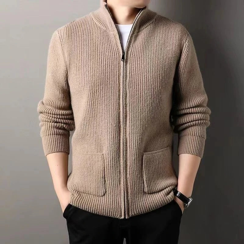Men's Premium Knit Zip-Up Sweater - Thickened Warm Long Sleeve Pullover with Stand Collar, Autumn Winter Casual Outerwear