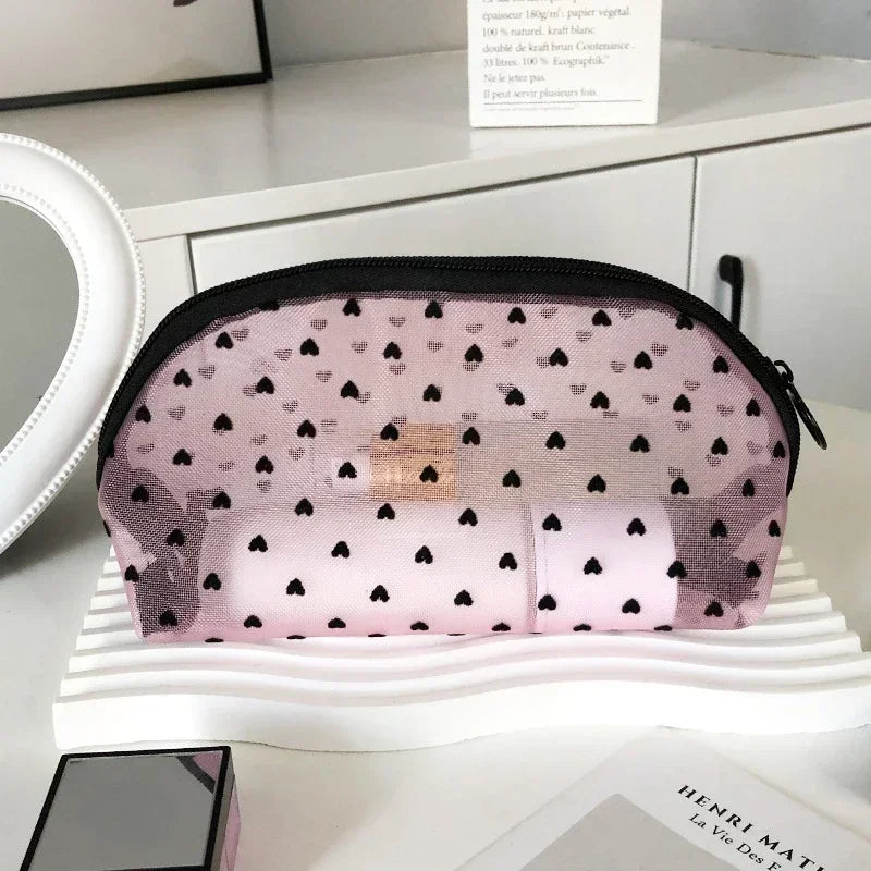 Heart Transparent Mesh Cosmetic & Toiletry Organizer Pouch – Portable Makeup & Essentials Bag for Women