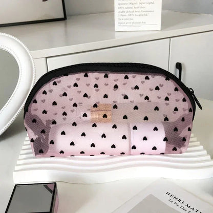 Heart Transparent Mesh Cosmetic & Toiletry Organizer Pouch – Portable Makeup & Essentials Bag for Women
