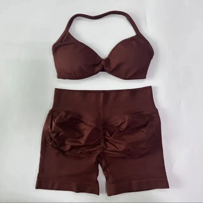 DFYIVE Yoga Gym Set 2 Piece Women Strappy Yoga Bra Top Workout Scrunch Shorts Sports Suit Fitness Clothes Seamless Yoga Set