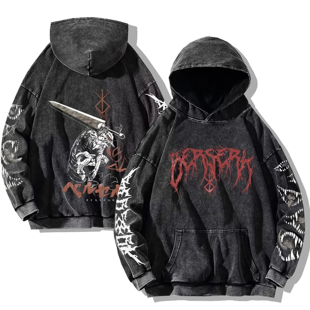 Mens Berserk Hoodies Gothic Print Vintage Washed Hoodie Hip Hop Streetwear Cotton Sweatshirts Harajuku Casual Hooded Pullover