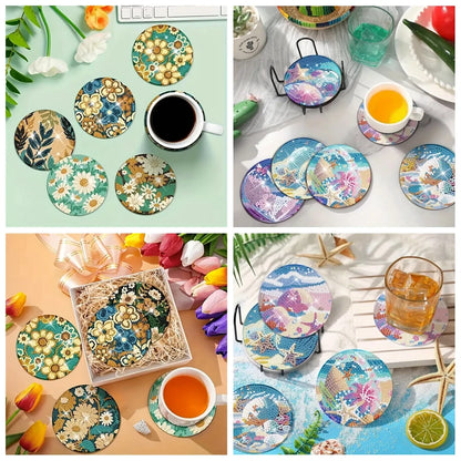 8pcs/Set DIY Diamond Painting Coasters with Holder Anti Slip Wood Drip Mats Crystal Rhinestones Diamond Art Coasters for Adults