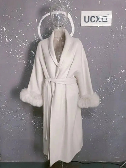 UCXQ Elegant OL Office Lady Overcoats Fur Patchwork Long Sleeve Woolen Coat Beautiful Women's Clothing Jacket Autumn 2025 Winter