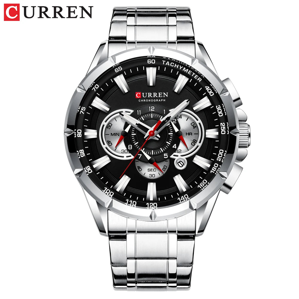 CURREN Men's Chronograph Watch Big Dial Stainless Steel Luminous Sport Quartz