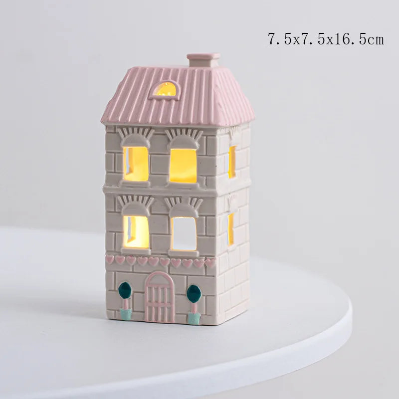 Christmas Decoration Porcelains Miniature Village House LED Light Ceramics Castle Model Home Desktop Ornament Christmas Gift