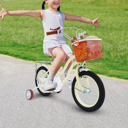 14 Inch Children's Bicycle Carbon Steel Kids Bike with Auxiliary Wheels & Basket & Manual Bell, Bearing 60kg, Height Adjustable