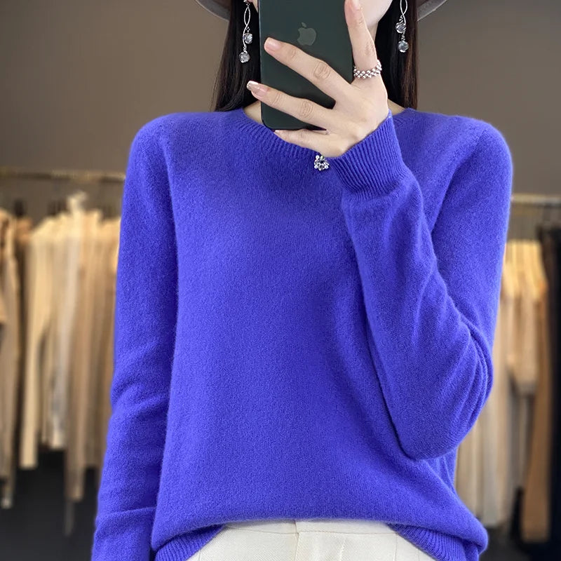100% Pure Wool Cashmere Sweater Women's O-Neck Pullover Knitted Casual Sweater Winter New Long-Sleeved Warm High-Grade Jumper