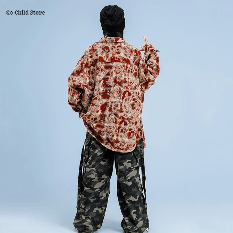 Girls Hip Hop Maillard Plaid Shirt Camouflage Cargo Pants Boys Street Dance Costumes Kids Jazz Clothes Sets Children Streetwear