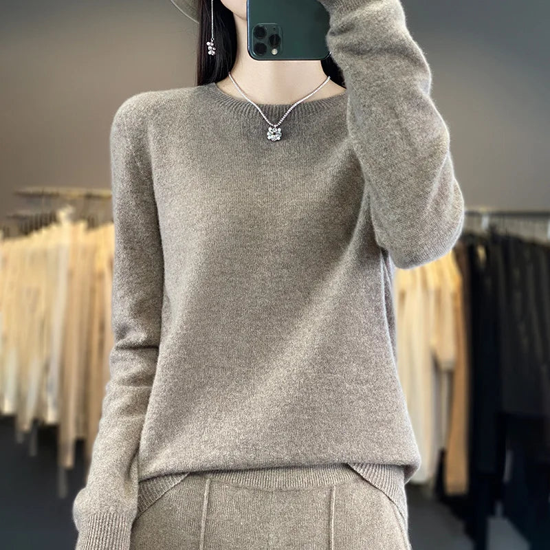 100% Pure Wool Cashmere Sweater Women's O-Neck Pullover Knitted Casual Sweater Winter New Long-Sleeved Warm High-Grade Jumper