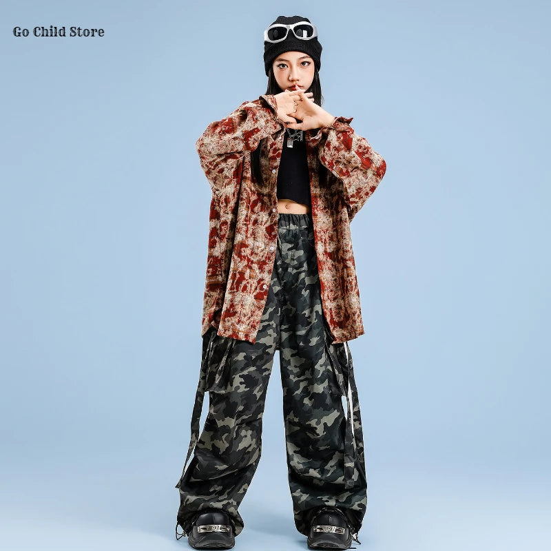 Girls Hip Hop Maillard Plaid Shirt Camouflage Cargo Pants Boys Street Dance Costumes Kids Jazz Clothes Sets Children Streetwear