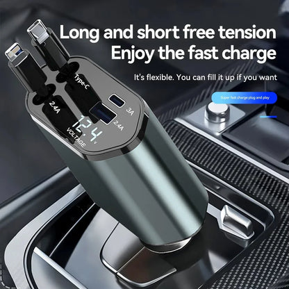 4 IN 1 120W Retractable Car Charger USB Type C Car Cigarette Lighter  Fast Charger Cable For IPhone Xiaomi Huawei Samsung