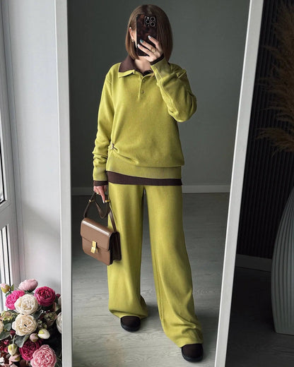 Hirsionsan Winter Thick Women Knitted Suits Soft 2 Pieces soft Female Sets Polo Neck Sweater & Wide Leg Pants Knitted Outfit